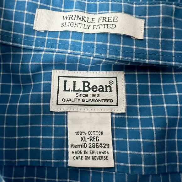 LL Bean Men's XL Wrinkle Free Slightly Fitted Button-Down Dress Shirt Blue Plaid - Picture 7 of 9